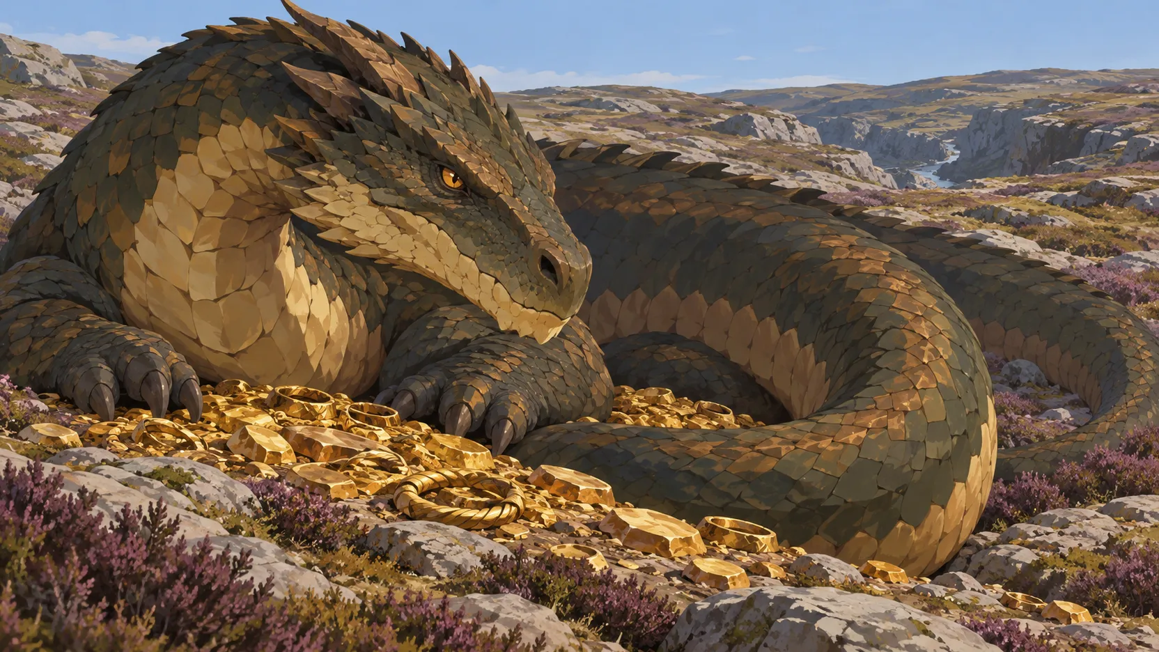 The wingless dragon Fáfnir coils around gold rings and ingots on a rocky heath above a ravine.