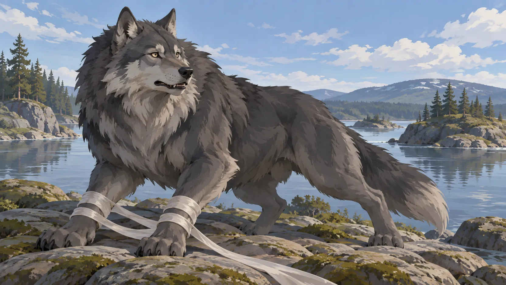 Fenrir braces his large grey body against pale bindings on a rocky island beside a northern lake.