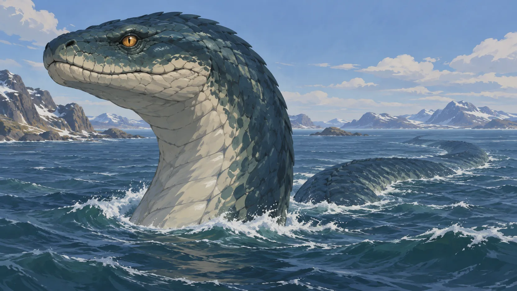 Jörmungandr raises his head above the northern sea as his long blue-green body trails into the water.