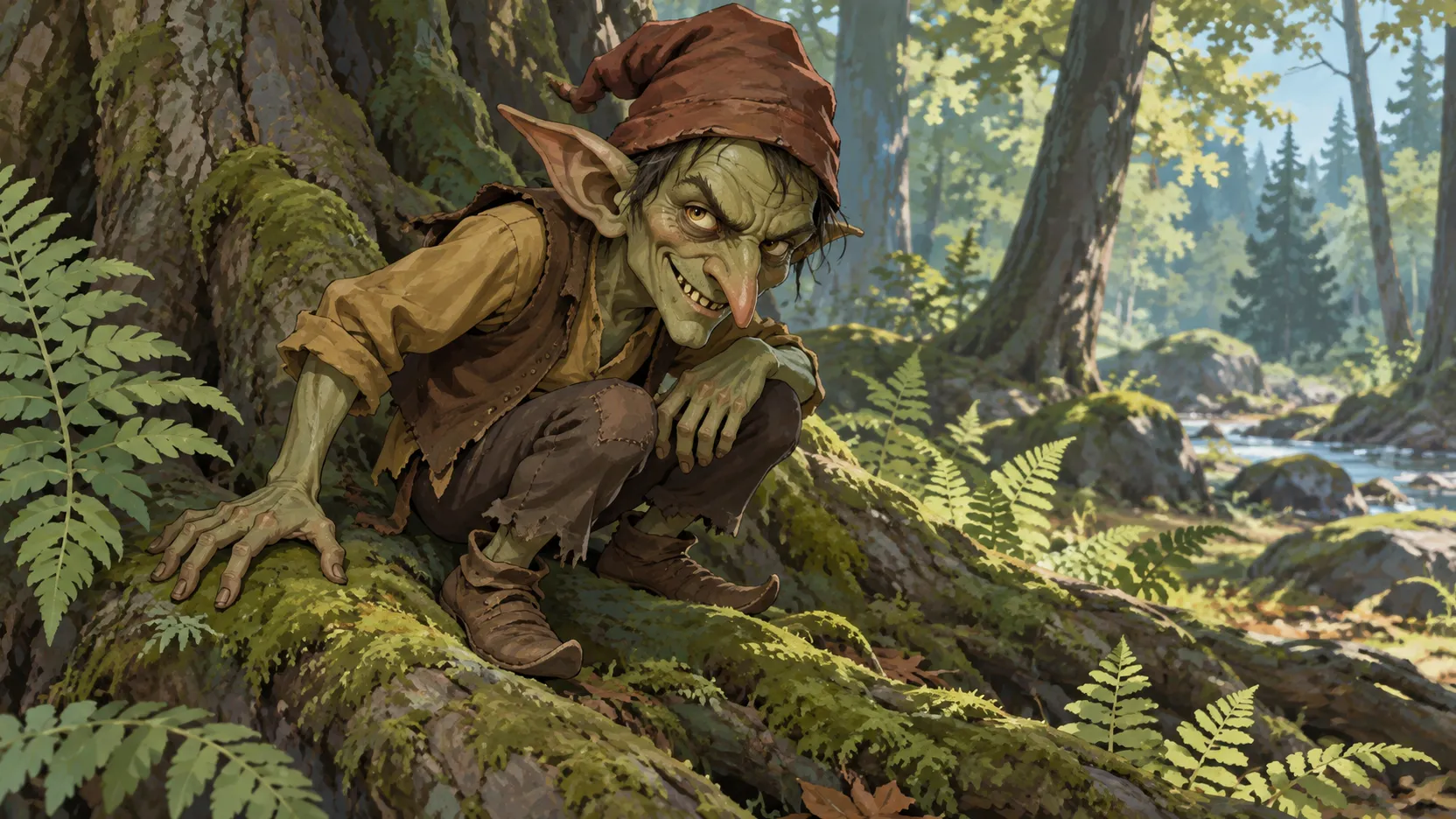 A small green Kobold with a crooked nose and malicious grin crouches on a mossy forest root.