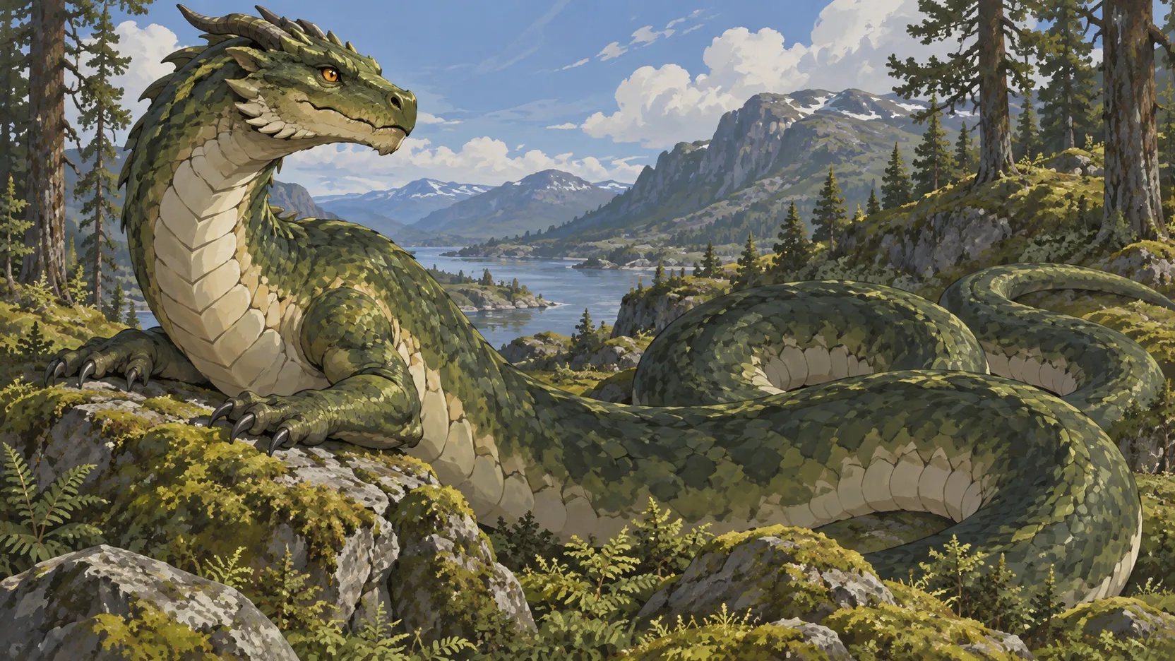 A green, wingless Lindworm with two forelegs coils over mossy rocks in a northern forest above a mountain lake.