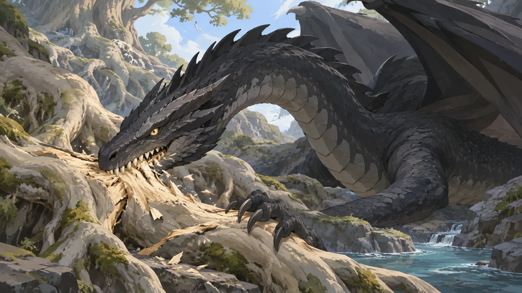 A dark winged serpent-dragon gnaws a great ash root beside water in a daylit rocky ravine.