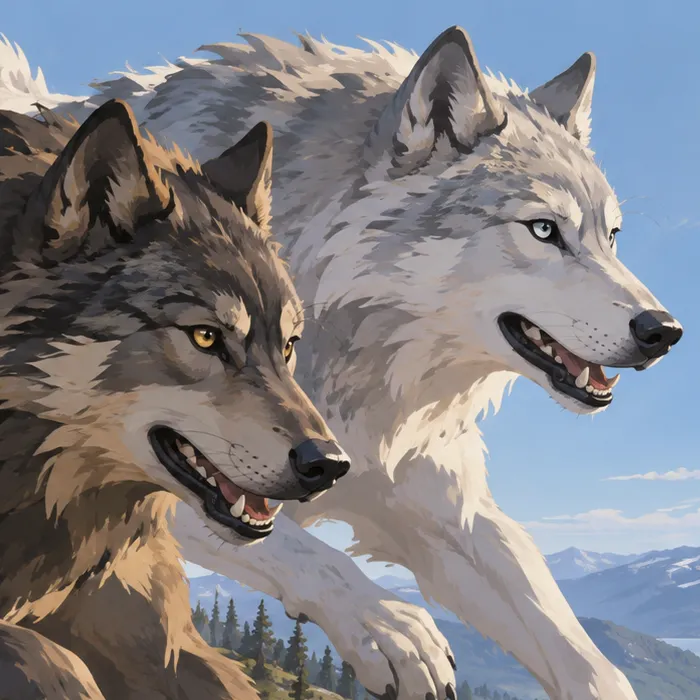 Close view of the dark and pale wolf heads of Sköll and Hati, with their shoulders against a blue sky.