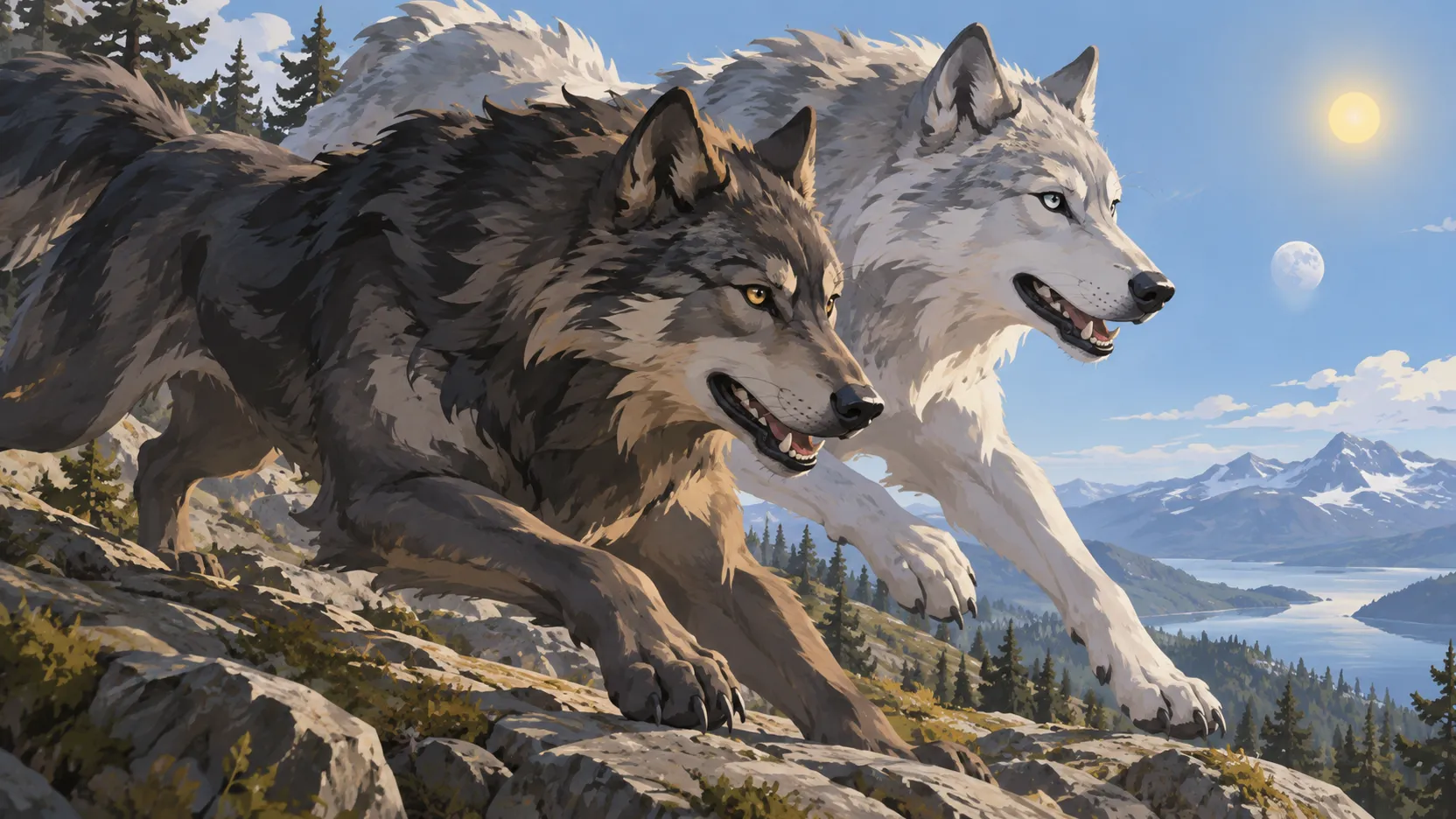Sköll and Hati run across a rocky Norse ridge above a wooded lake, with the sun and daytime moon ahead.