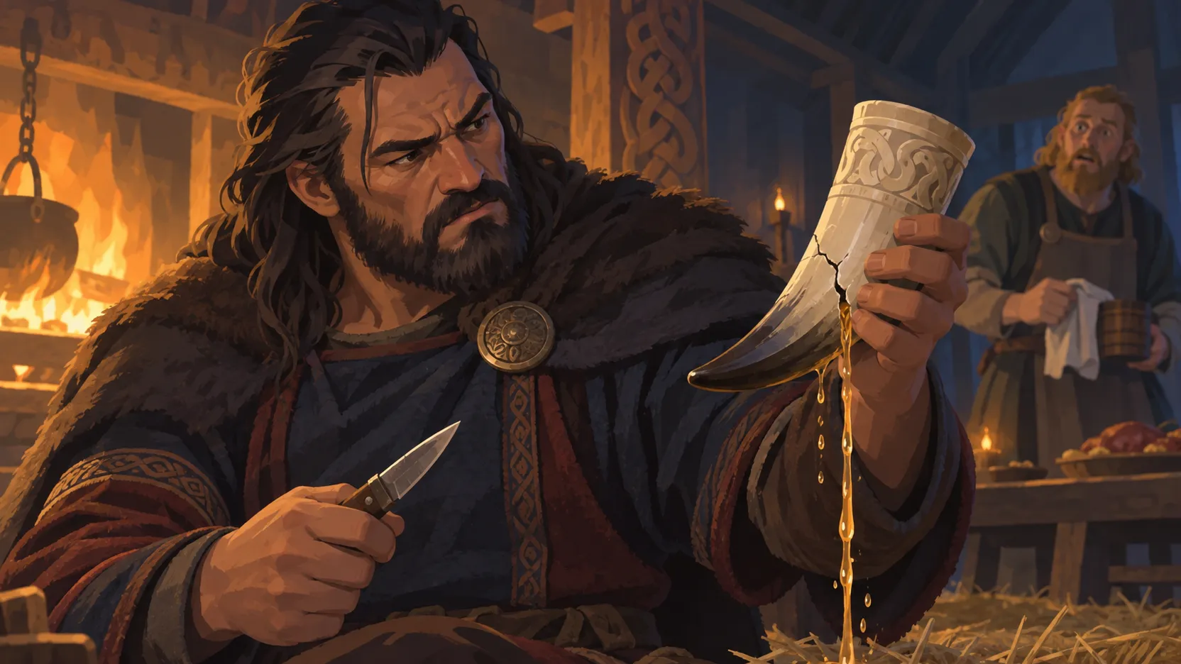 Egil holds a cracked drinking horn spilling ale, with a small knife in his other hand and an alarmed man behind him.