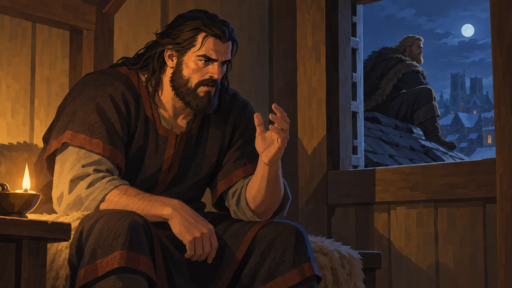 Egil composes aloud in a lamplit room while Arinbjorn keeps watch outside the window on the roof.