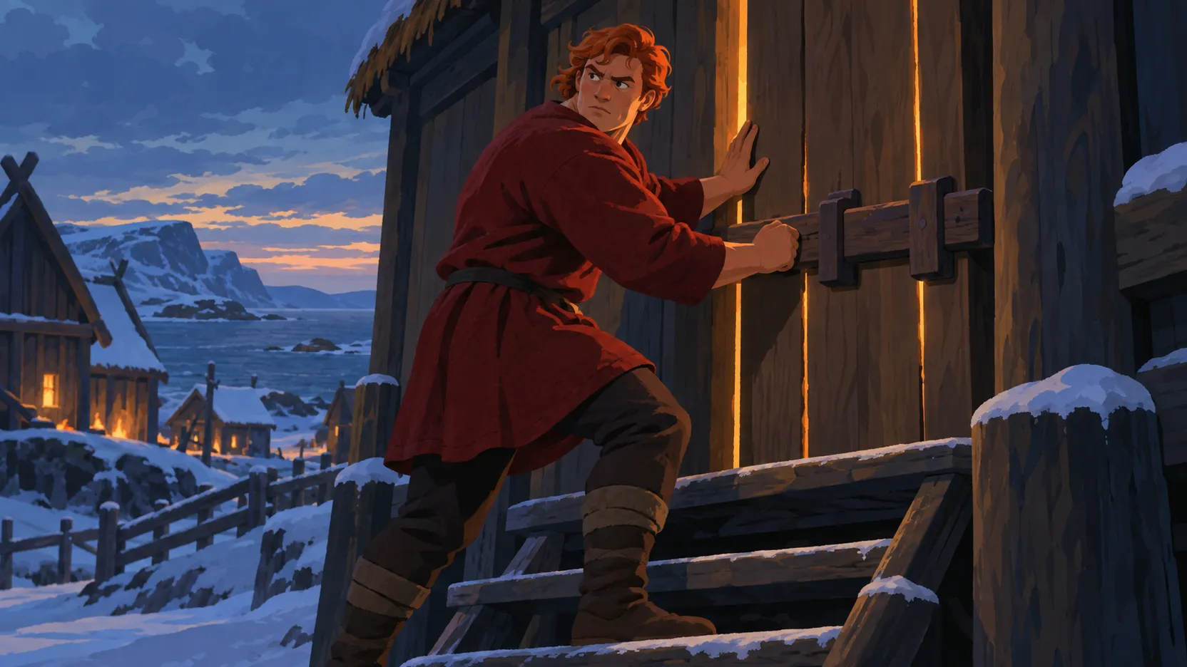 Red-haired Grettir slides a wooden bolt across a storehouse door overlooking a snowy Norwegian shore.