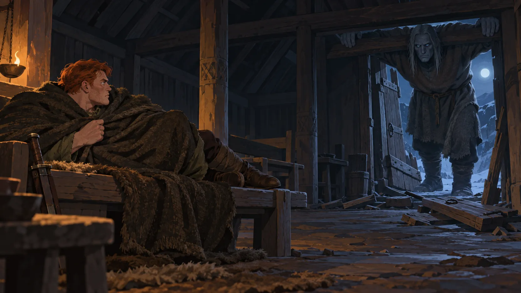Red-haired Grettir waits beneath a cloak on a bench as the towering revenant Glam peers into a lamplit timber hall.