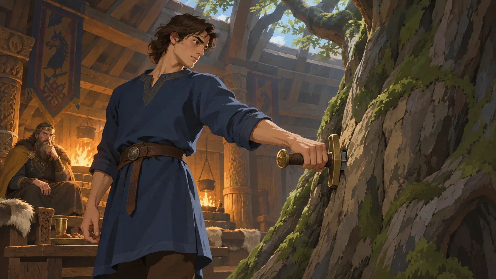 Sigmund grasps the hilt of a sword embedded in a living tree while King Siggeir watches from the hall.