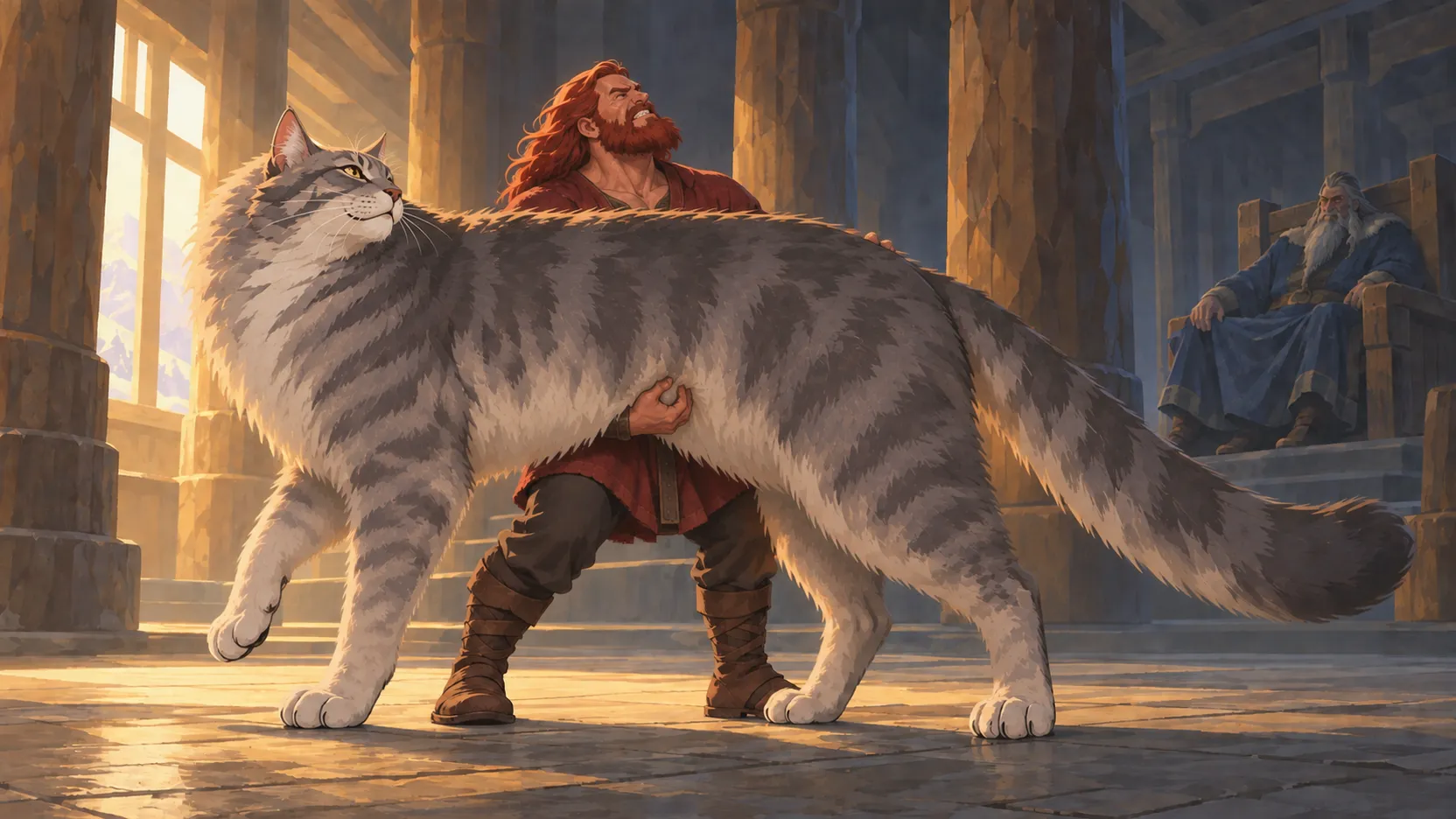 Thor strains beneath a huge gray cat’s belly, lifting one front paw while its other three paws remain on the hall floor.