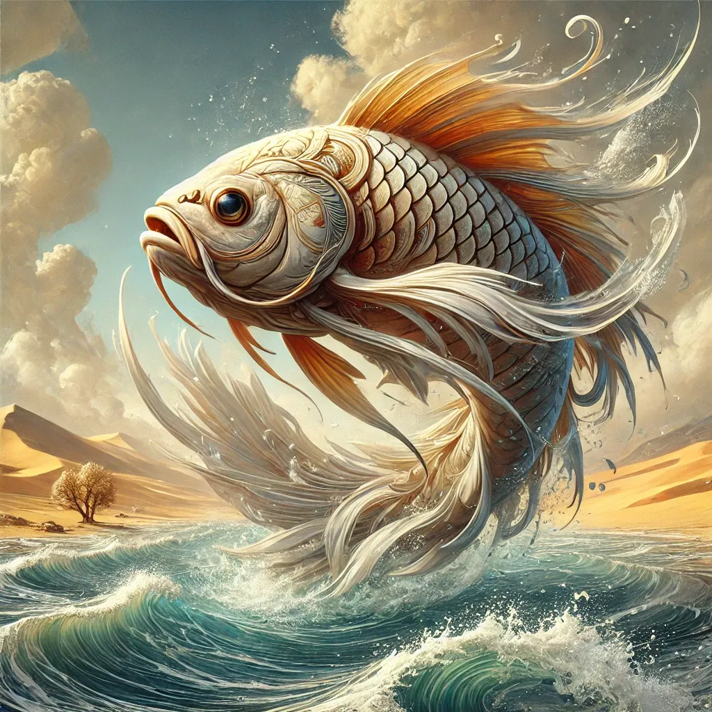 A majestic fish-like creature with ornate golden scales and flowing fins leaps gracefully from a shimmering river, surrounded by a vast desert landscape with rolling sand dunes under a bright, cloudy sky.