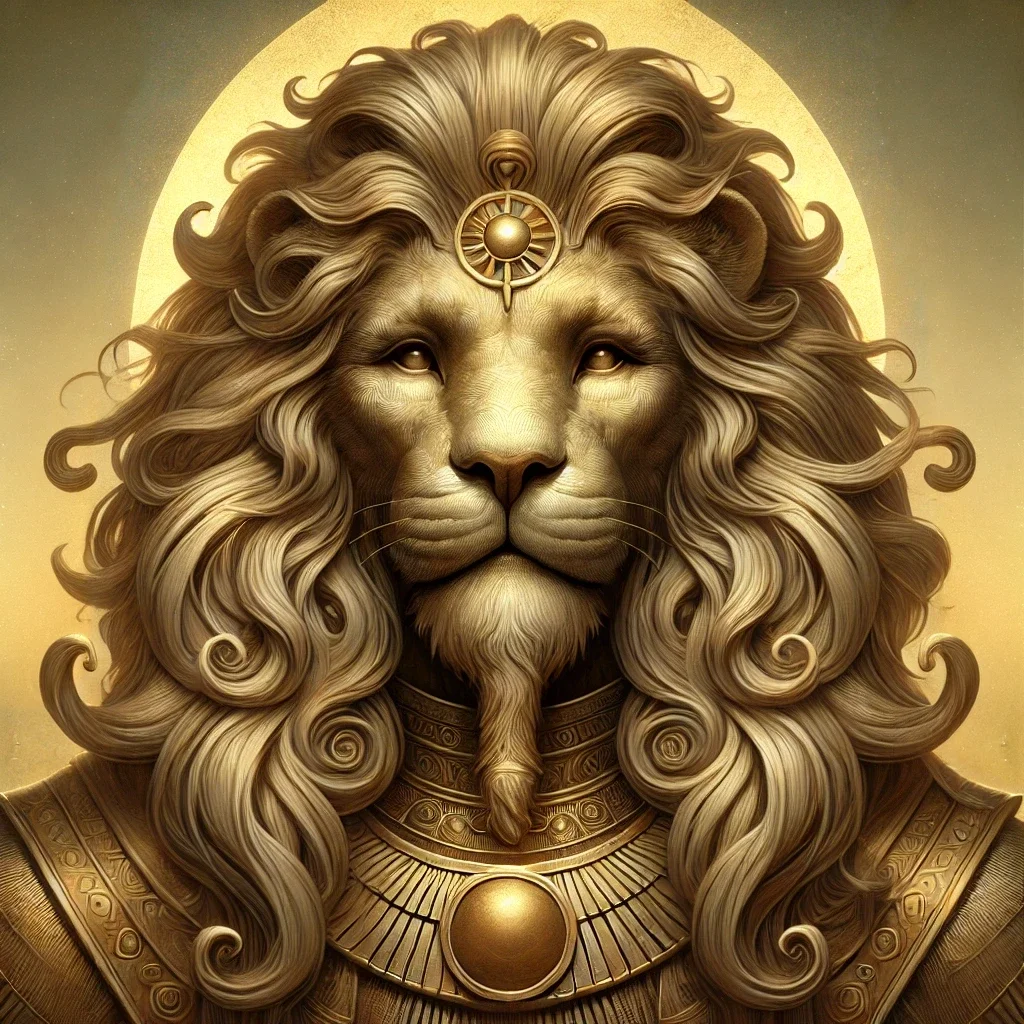 Digital painting portrait of Aker, the Egyptian deity, featuring a lion's head, majestic mane, and sun disk above his head, set against a serene desert background with rolling sand dunes under golden hues.