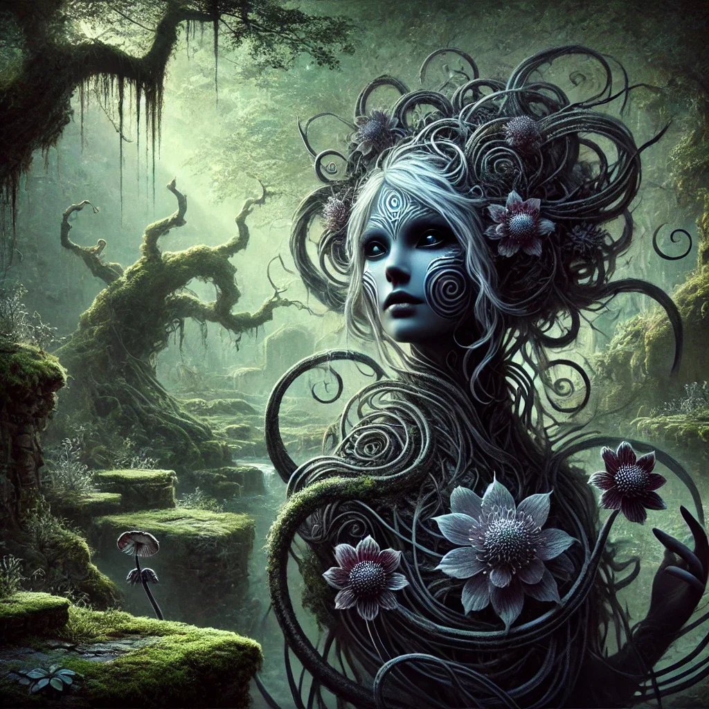 Fantasy depiction of Alraune, a mythological Germanic creature, standing in a mystical ancient forest surrounded by gnarled trees and ethereal light.