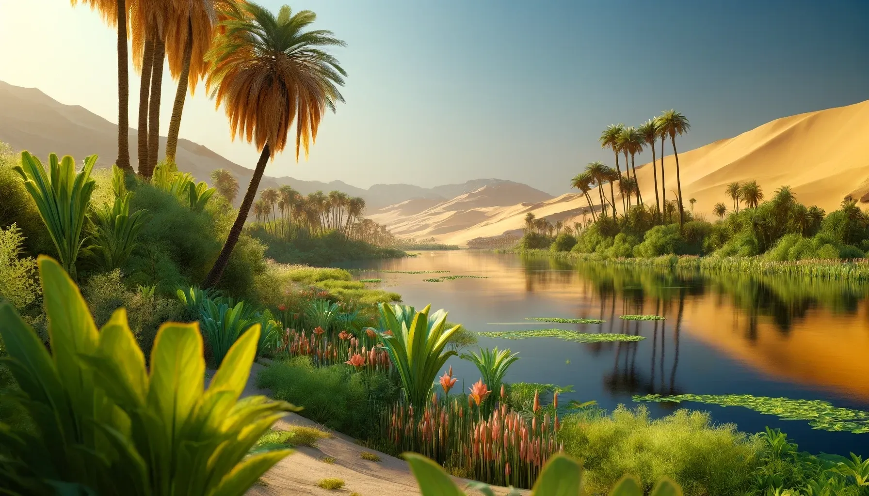 Tranquil natural landscape of the Nile River with lush vegetation and golden sand dunes in ancient Egypt.