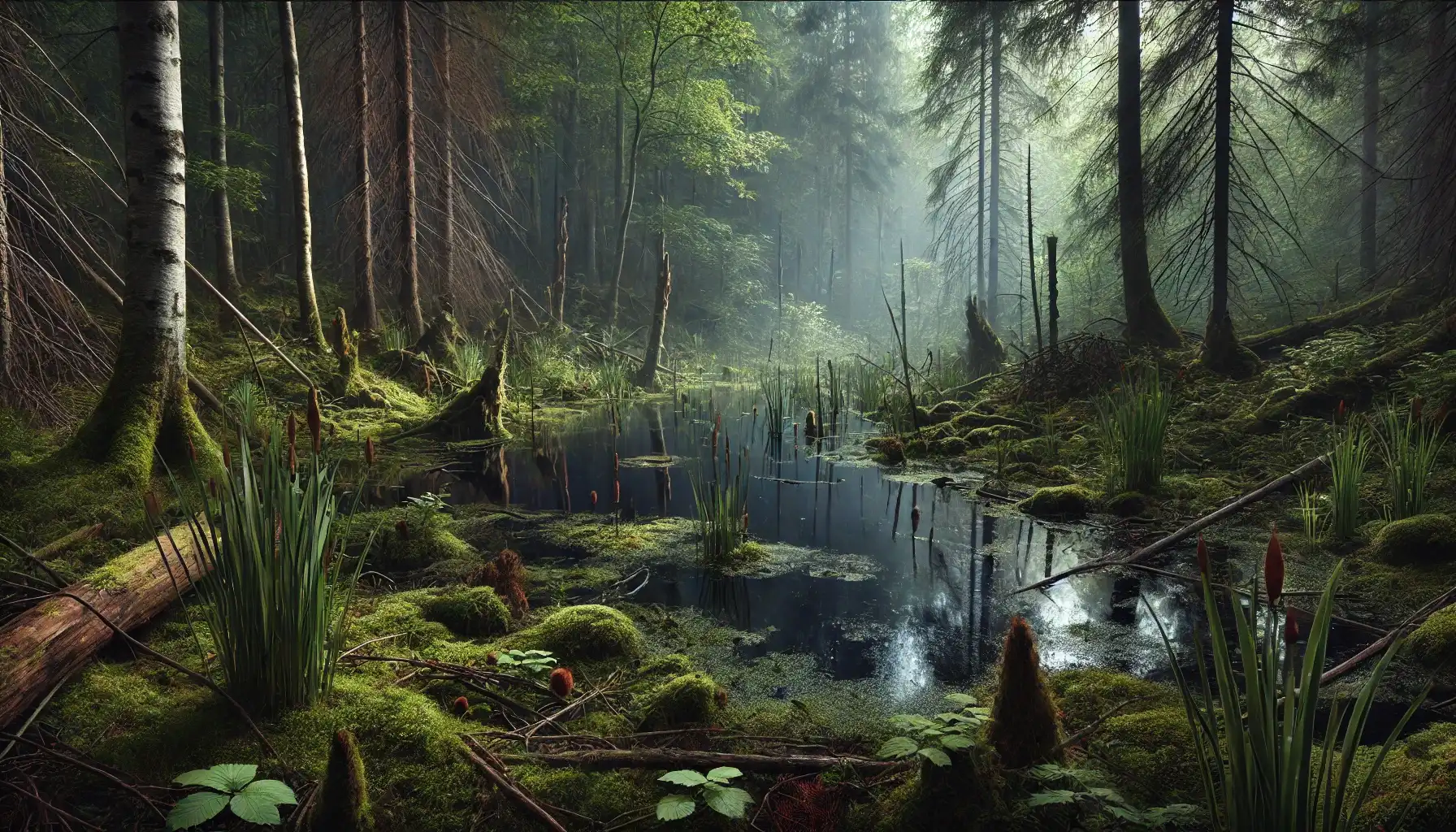 A dense swampy landscape in ancient Germania, featuring mossy waters, reeds, and a mystical ambiance from 2000 years ago.