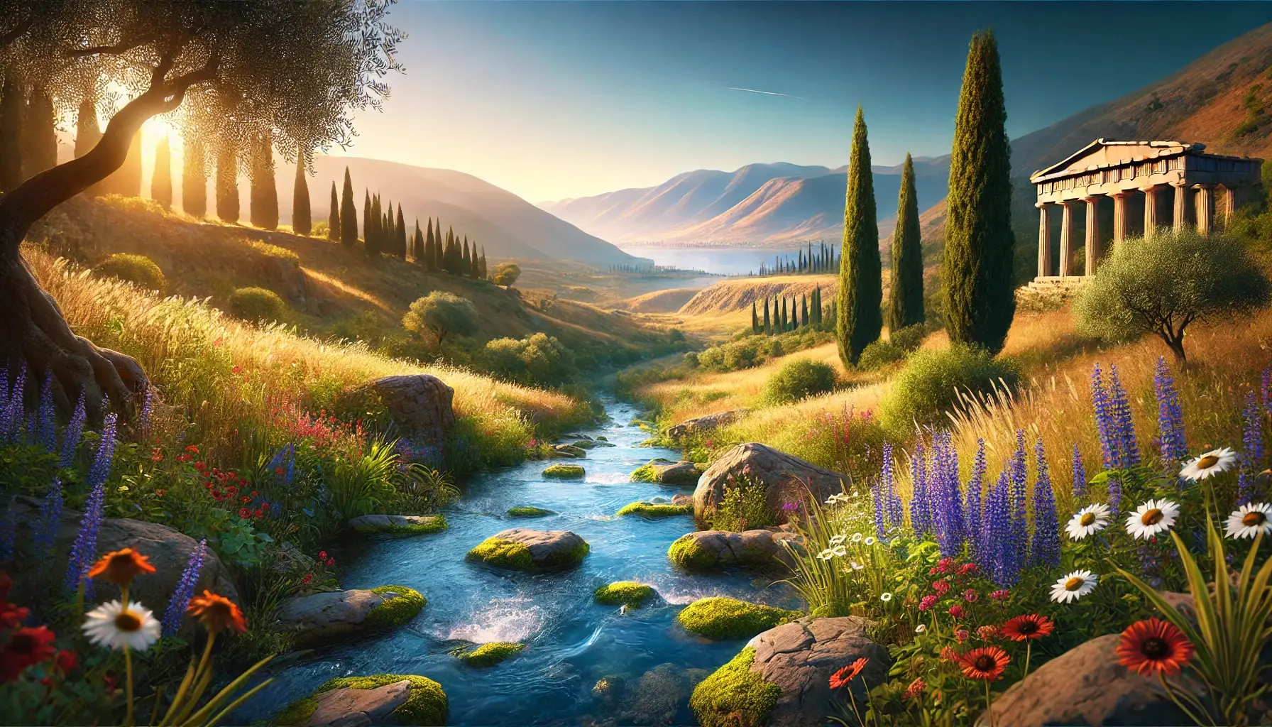 A serene landscape of ancient Greece with rolling hills, lush olive groves, tall cypress trees, and a meandering stream under soft golden light.