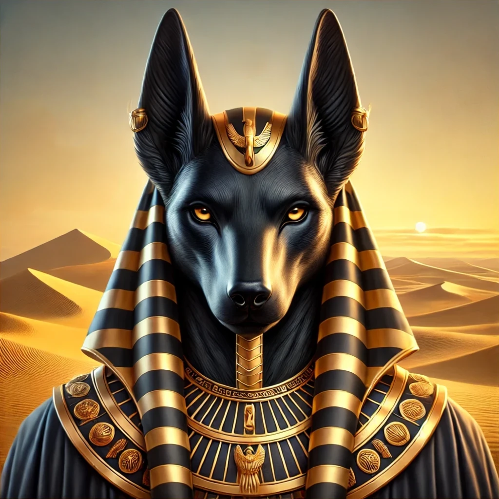 Digital painting of the Egyptian deity Anubis, facing the viewer in a sleek, regal pose. Featuring a black jackal head adorned with golden embellishments, Anubis stands against a serene desert backdrop with rolling sand dunes under a golden sunset.