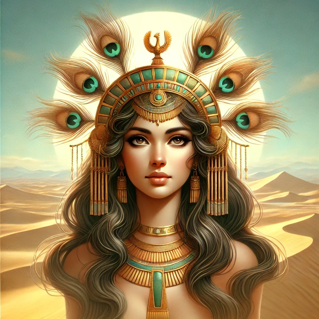 Digital painting of Anuket, Egyptian goddess of the Nile, fertility, and abundance, adorned with a headdress of reeds and feathers, set against a serene desert landscape with rolling sand dunes.