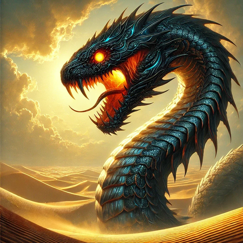 Fantasy digital painting of a monstrous serpent in a desert landscape, featuring shimmering scales, glowing eyes, and rolling sand dunes under a golden sky.