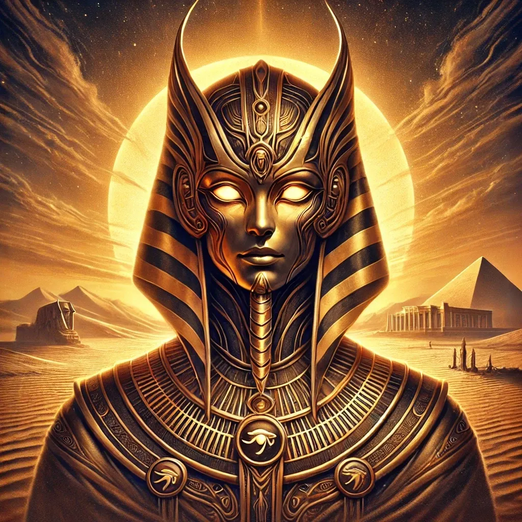 Golden depiction of Atum, the Egyptian creator god, with glowing eyes, ornate headdress, and a sunlit background featuring pyramids and temples in a desert landscape.