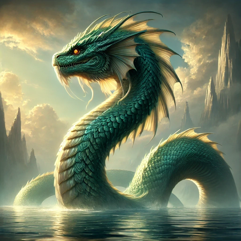 A majestic Basilisk with emerald scales and golden eyes, coiling in a vast ocean with misty mountains in the background.