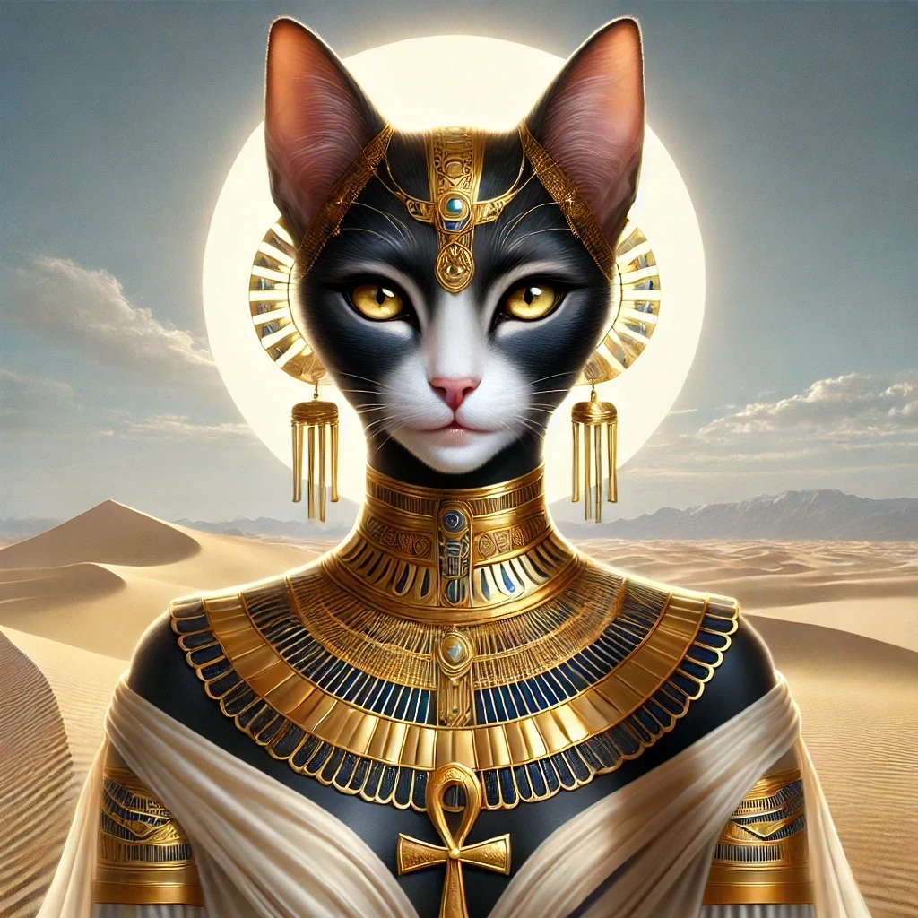 Digital painting of Bastet, the Egyptian deity, depicted with a feline head and human body, adorned with gold jewelry, set against a serene desert landscape with rolling sand dunes.