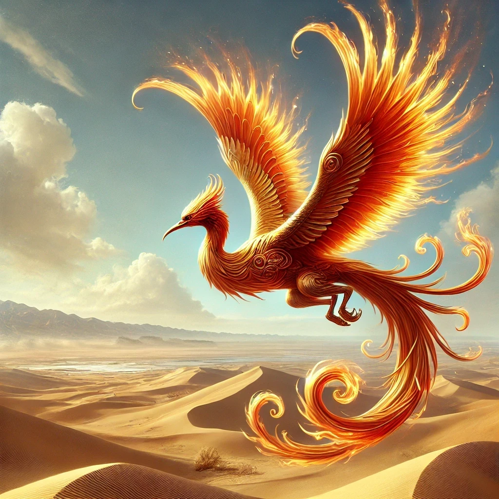 A stunning digital painting of the Bennu, an Egyptian mythological bird with radiant fiery feathers and glowing eyes, soaring gracefully over golden desert dunes under a tranquil blue sky with wispy clouds.