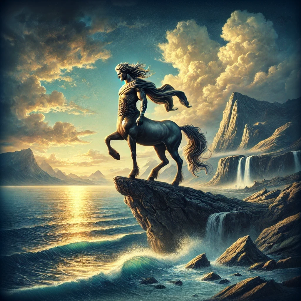 A majestic Centaur standing on a cliff overlooking a vast ocean with rolling waves, framed by misty mountains in the distance under a dramatic cloudy sky, depicted in a highly detailed fantasy realism style.