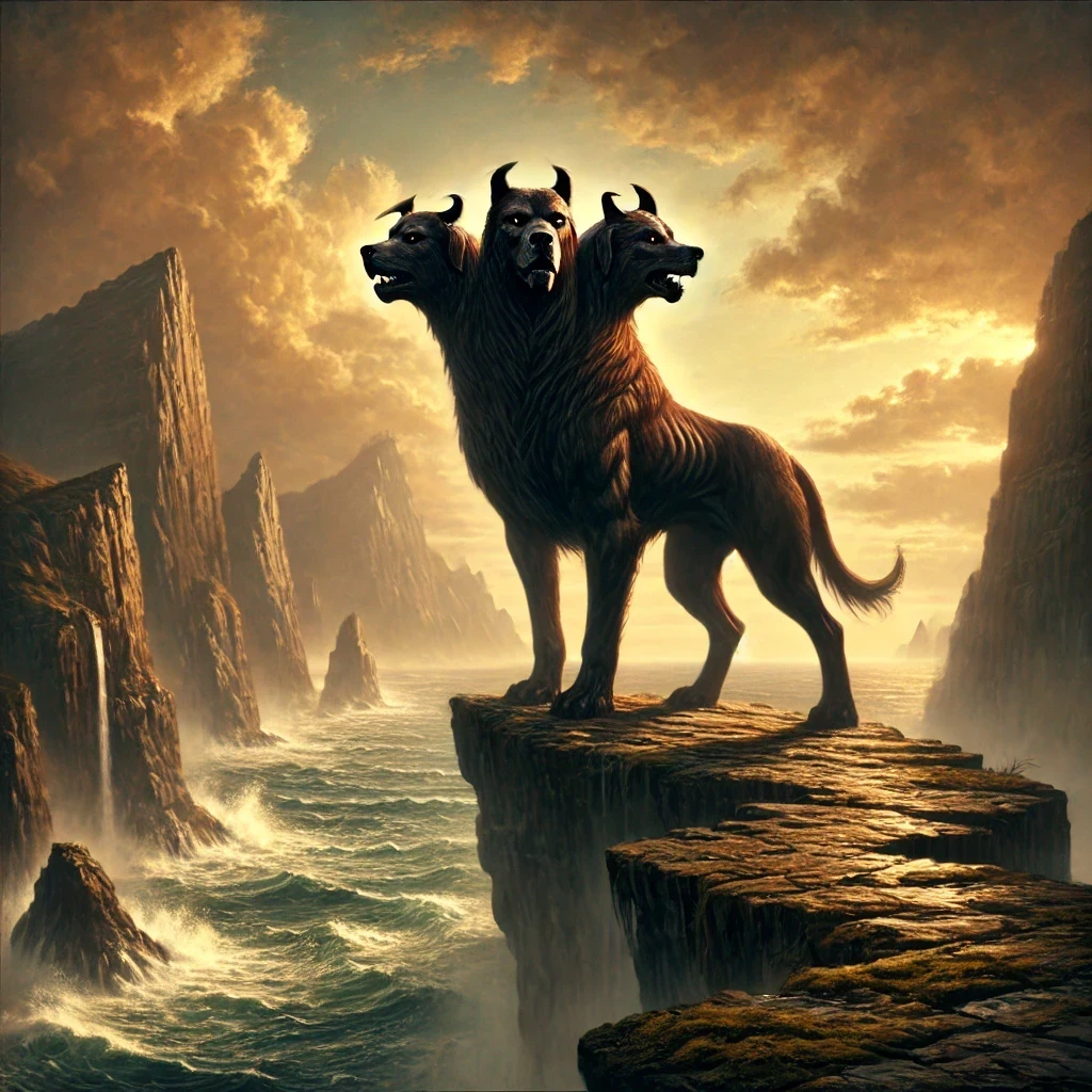 Cerberus, the three-headed hound, stands on a jagged cliff overlooking a vast ocean.