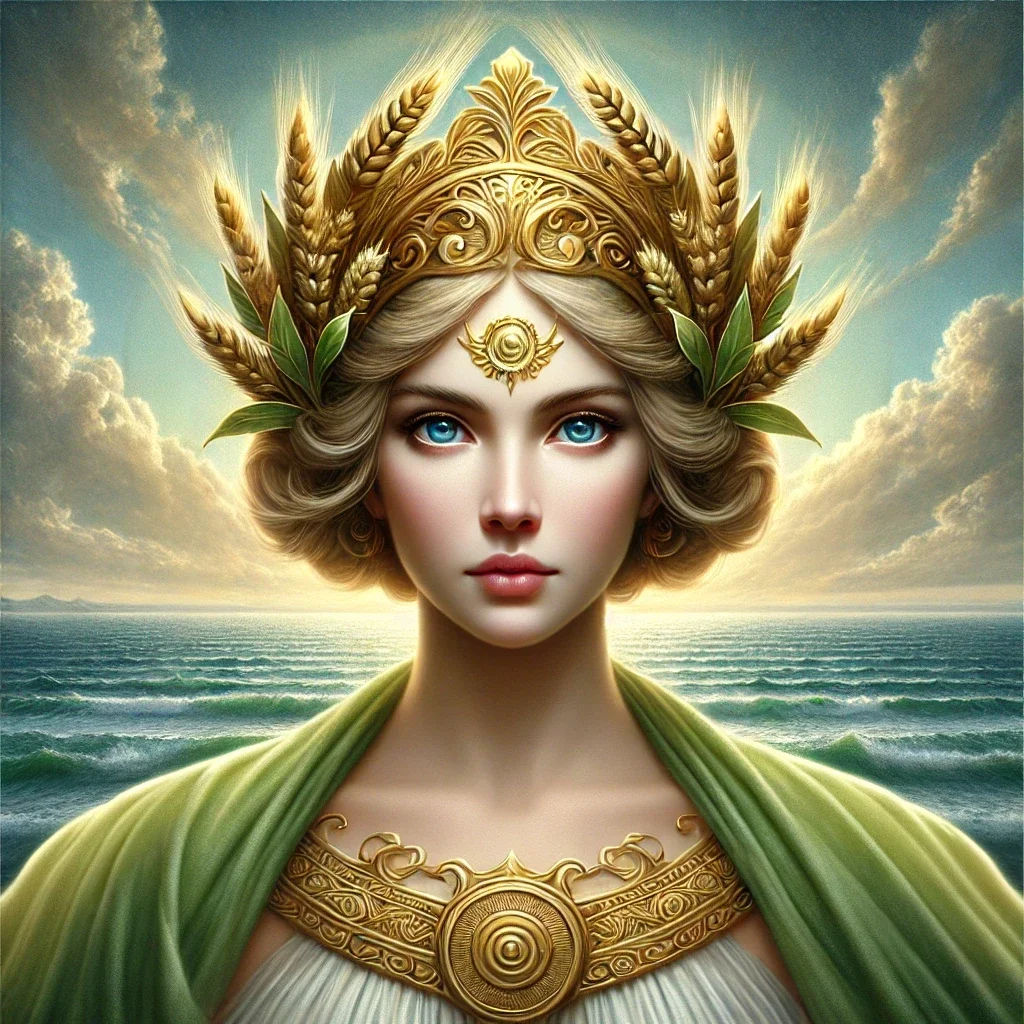 Portrait of the Greek goddess Demeter, facing forward, adorned with a golden wheat crown and green-gold robes, with a serene expression. The background features gently rolling ocean waves under soft lighting.