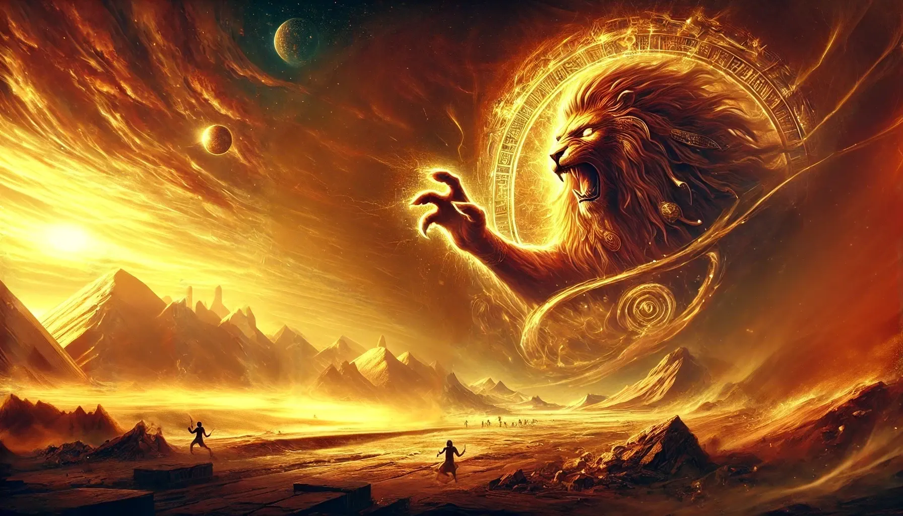 Fantasy painting of Sekhmet unleashing destruction, with glowing eyes and a fiery sky.