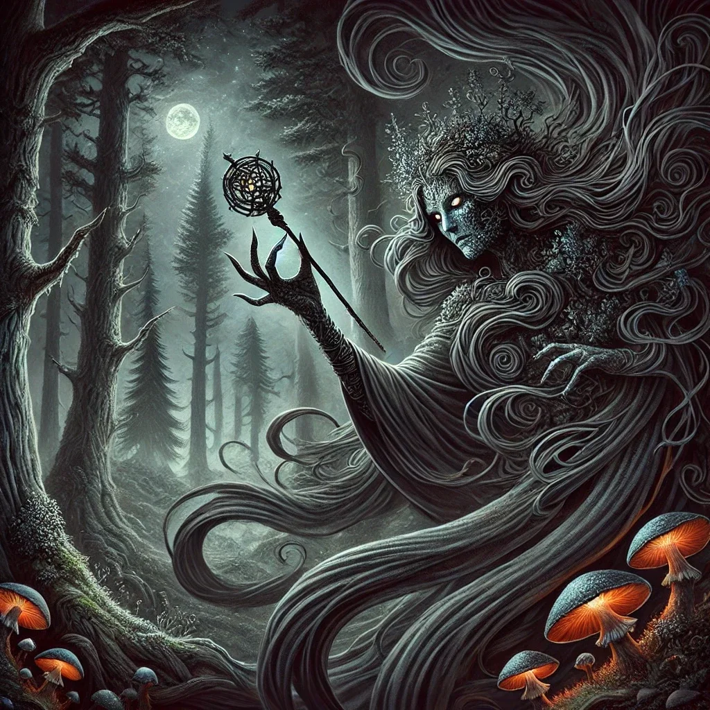 A digital painting of the Germanic mythological creature Drude, depicted as a shadowy, ethereal figure with glowing ember-like eyes, weaving threads of shadow and light in an ancient, mystical forest under moonlight.