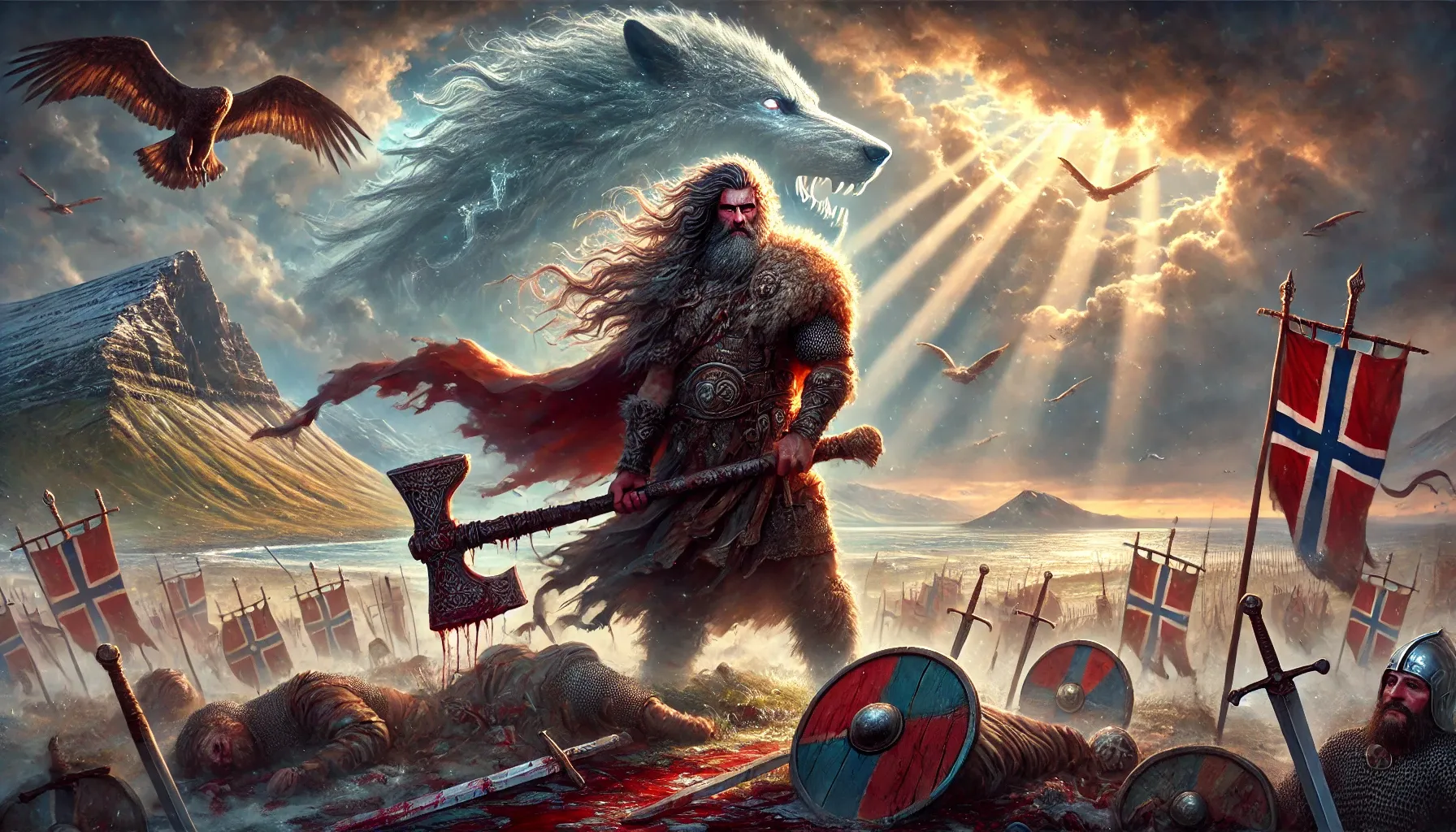 Digital painting of Egil Skallagrimsson from Icelandic sagas, standing on a blood-soaked battlefield under a stormy sky, wielding an axe and holding a scroll, with a spectral wolf in the background and mist-covered fjords in the distance.