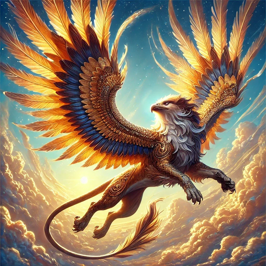 Majestic golden-winged griffin soaring through a radiant sky, adorned with intricate armor and glowing feathers.