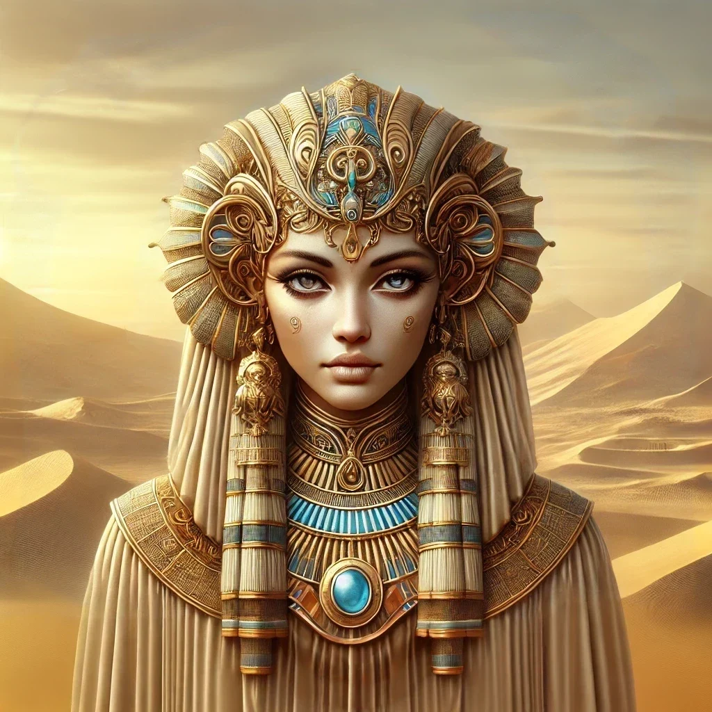 Fantasy realism portrait of Hauhet, Egyptian deity of infinity, in a serene desert landscape.