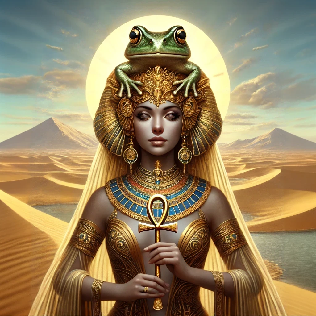 Digital painting of Heqet, the ancient Egyptian goddess of fertility and childbirth, depicted with a frog head, adorned in gold jewelry and flowing garments, holding an ankh and a scepter, against a serene desert landscape with sand dunes at sunset.