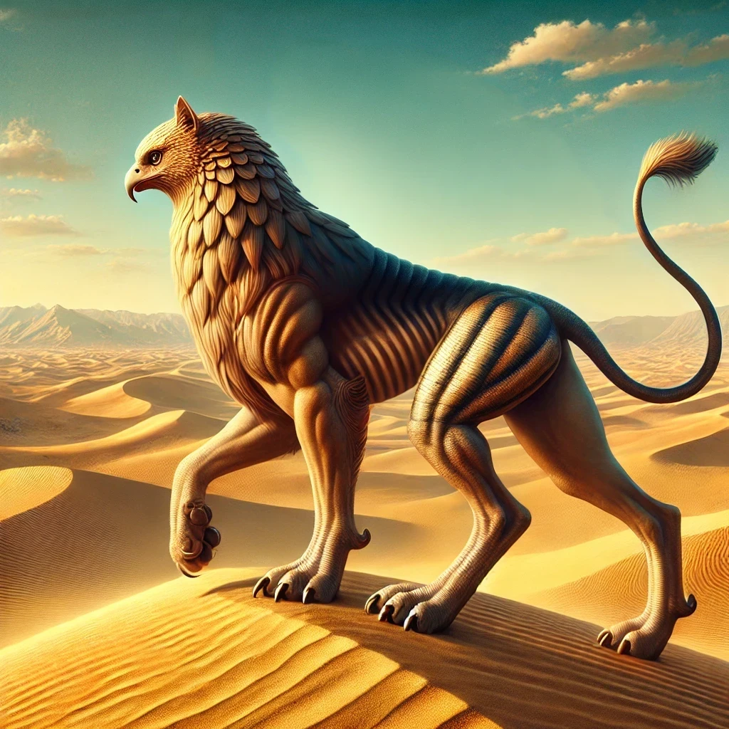 Hieracosphinx, a mythical Egyptian creature with a falcon's head and a lion's body, depicted in a desert landscape with rolling sand dunes under a clear blue sky.