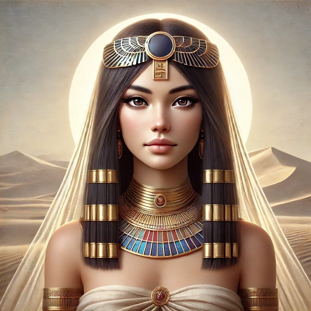 Digital painting portrait of Imentet, the Egyptian deity of the afterlife, featuring traditional Egyptian attire and a serene blue background.