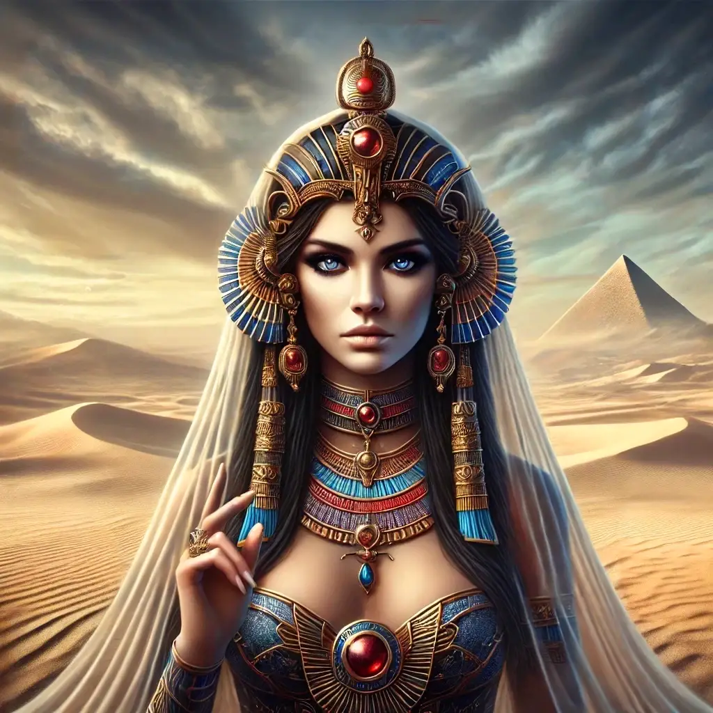 A majestic depiction of the Egyptian goddess Isis, adorned in intricate gold and jewel-encrusted headdress, standing against a desert landscape with pyramids and a dramatic sky.