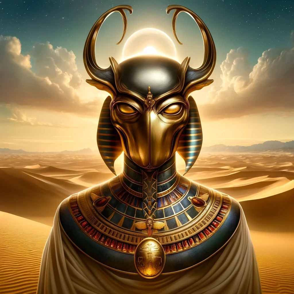 Digital painting portrait of Khepri, the Egyptian deity of renewal and creation, featuring a human face with scarab motifs, traditional Egyptian robes, and a serene desert background with rolling sand dunes.