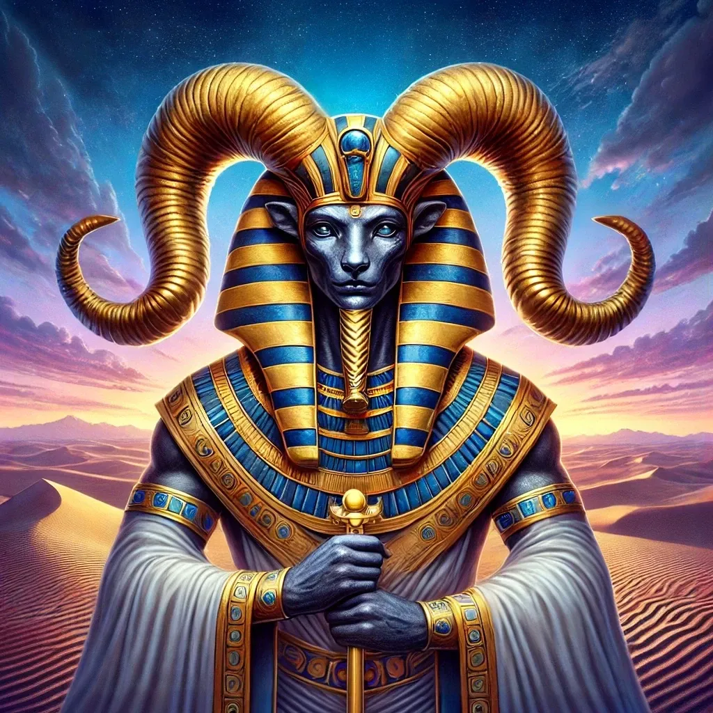 Fantasy realism digital painting of Khnum, the Egyptian god, with a ram's head and elegant curved horns, set against a vast desert landscape with rolling dunes.