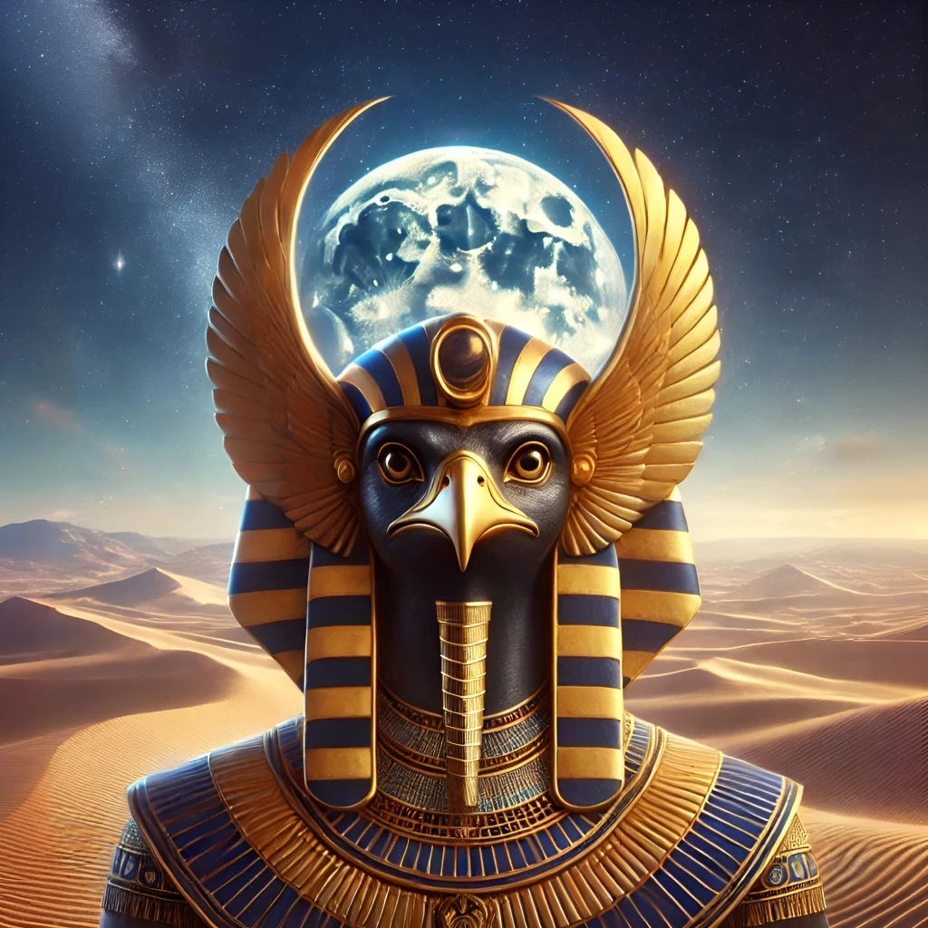 Digital painting of the Egyptian deity Khonsu with a falcon head, adorned in traditional gold and lapis lazuli Egyptian attire, facing forward against a serene desert landscape under a starry sky.