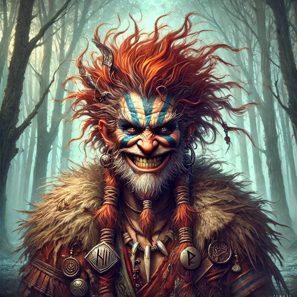 Norse-inspired trickster god with a rugged face, fiery red hair, chaotic expression, and traditional Viking attire, standing in a mystical ancient forest shrouded in mist.