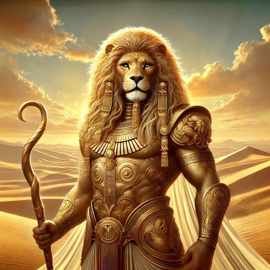 Digital painting of Maahes, the lion-headed Egyptian deity of war and protection, portrayed in golden armor with a curved sword and scepter, set against a desert landscape with rolling sand dunes under a golden sunset.