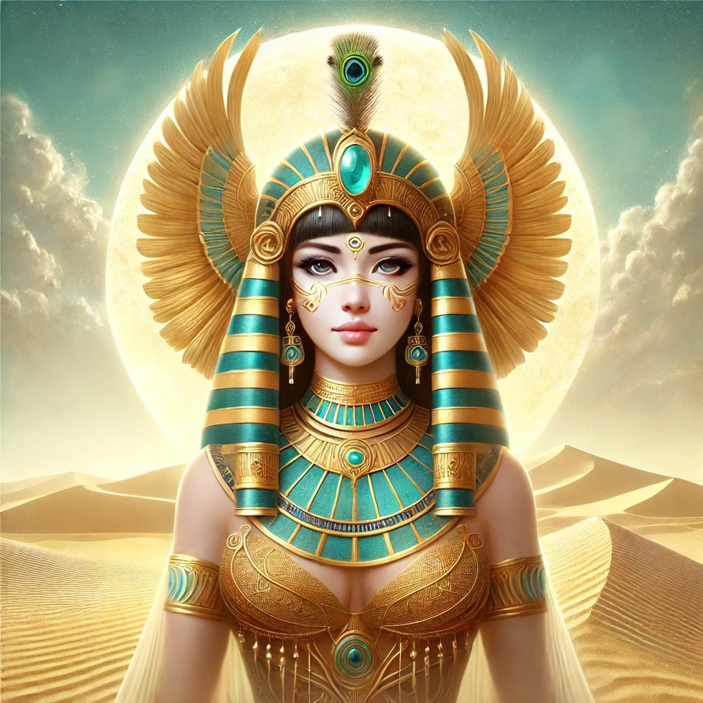 Digital painting of Maat, the Egyptian goddess of truth and harmony, facing the viewer against a serene desert background with rolling sand dunes and a clear golden sky.