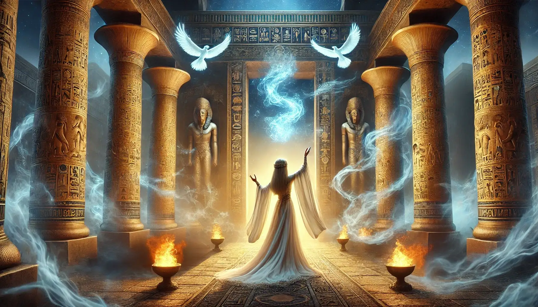 Ancient Egyptian priestess performing a mystical ritual in a grand temple at night.