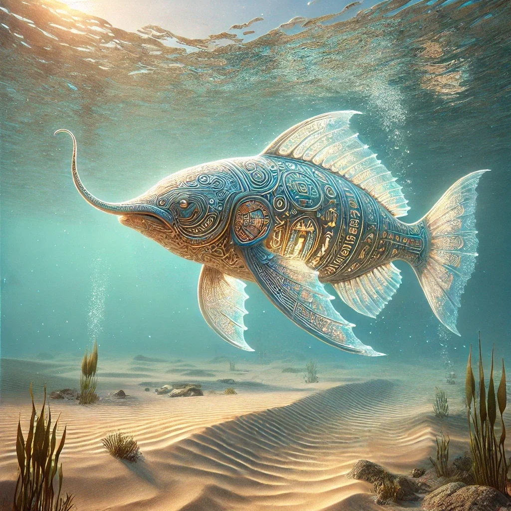 Fantasy realism painting of Medjed, an ancient Egyptian mythological creature inspired by the elephantfish, shown submerged underwater with glowing Egyptian symbols and a serene desert shoreline faintly visible through the water's surface.