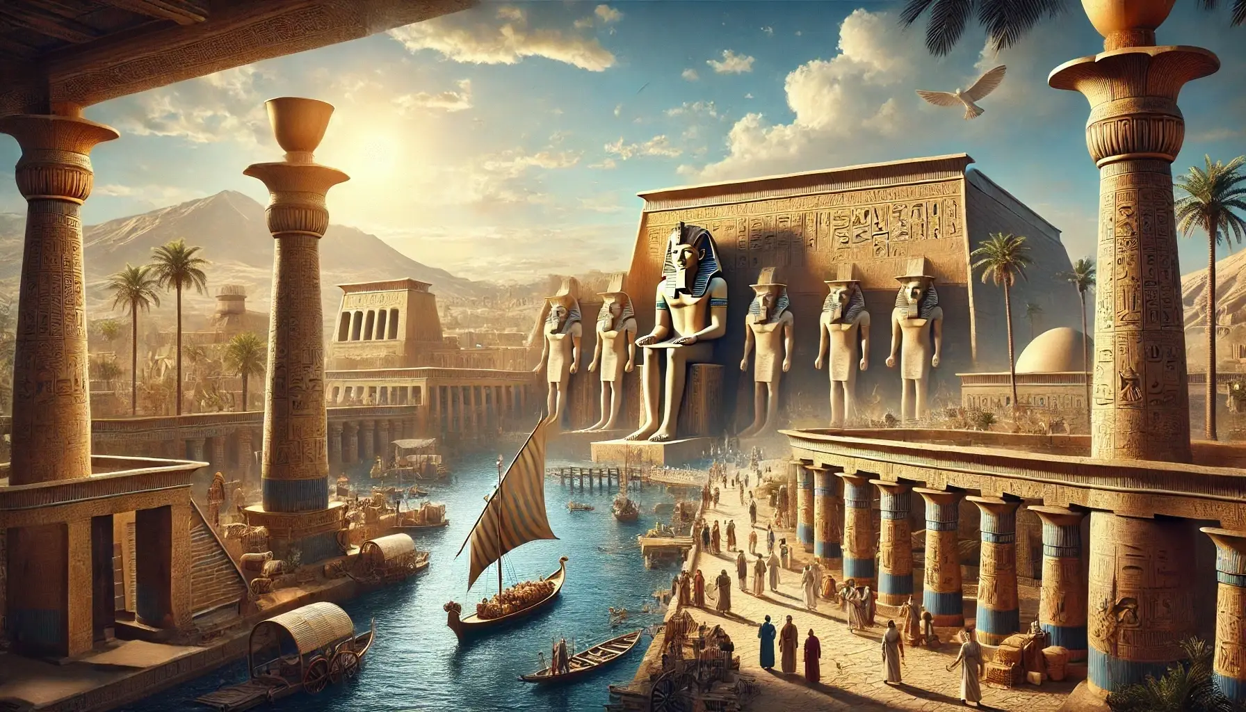 A vibrant digital painting of ancient Memphis, Egypt, featuring grand temples, markets, and the Nile.