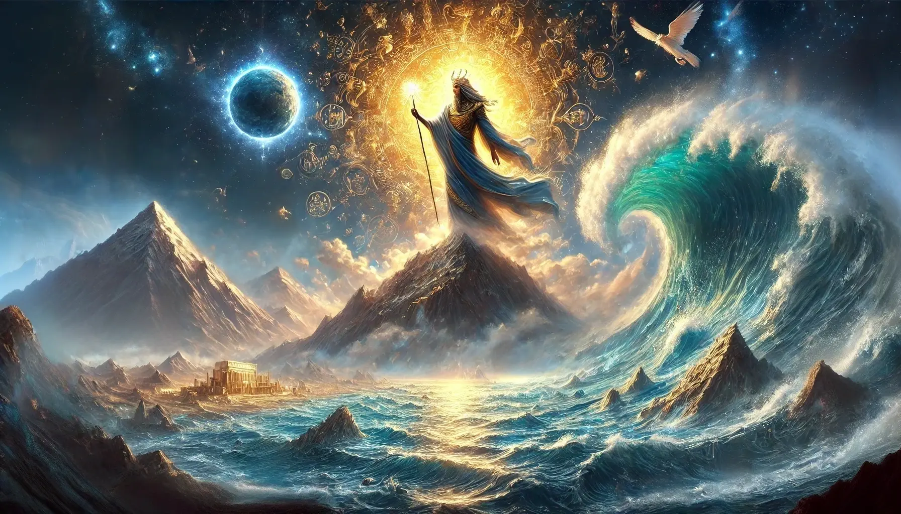 Fantasy realism digital painting depicting Ptah, the Egyptian divine craftsman, standing atop a rugged cliff rising from chaotic waters, symbolizing the Memphite Creation Myth. The scene is free of extraneous structures, focusing on natural elements and cosmic energy.