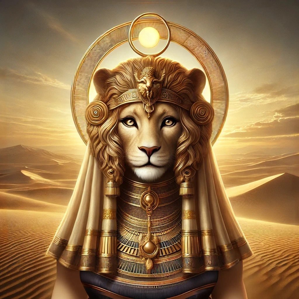 Digital painting of Menhit, the Egyptian lion-headed goddess of war and protection, adorned with a solar disc and intricate golden attire, standing against a serene desert landscape with rolling sand dunes.